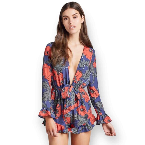 Tularosa Pants - Tularosa Bishop Romper Blue Floral Long Sleeve Ruffle NWOT Size XS